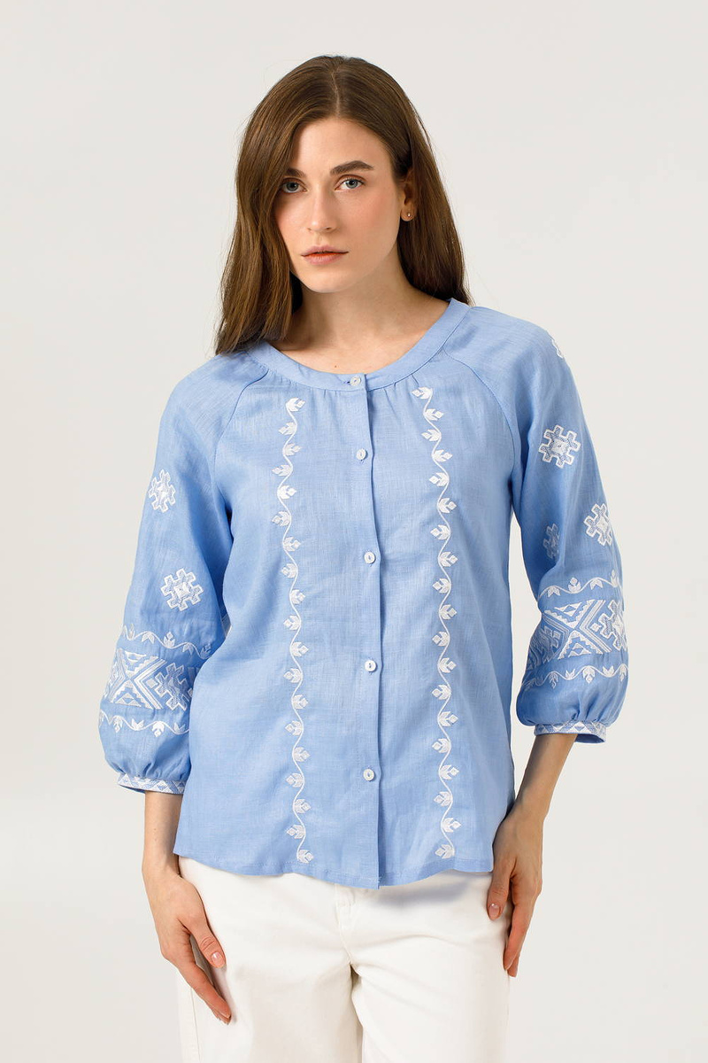 Women's embroidered shirt made of blue linen by Rostyslav